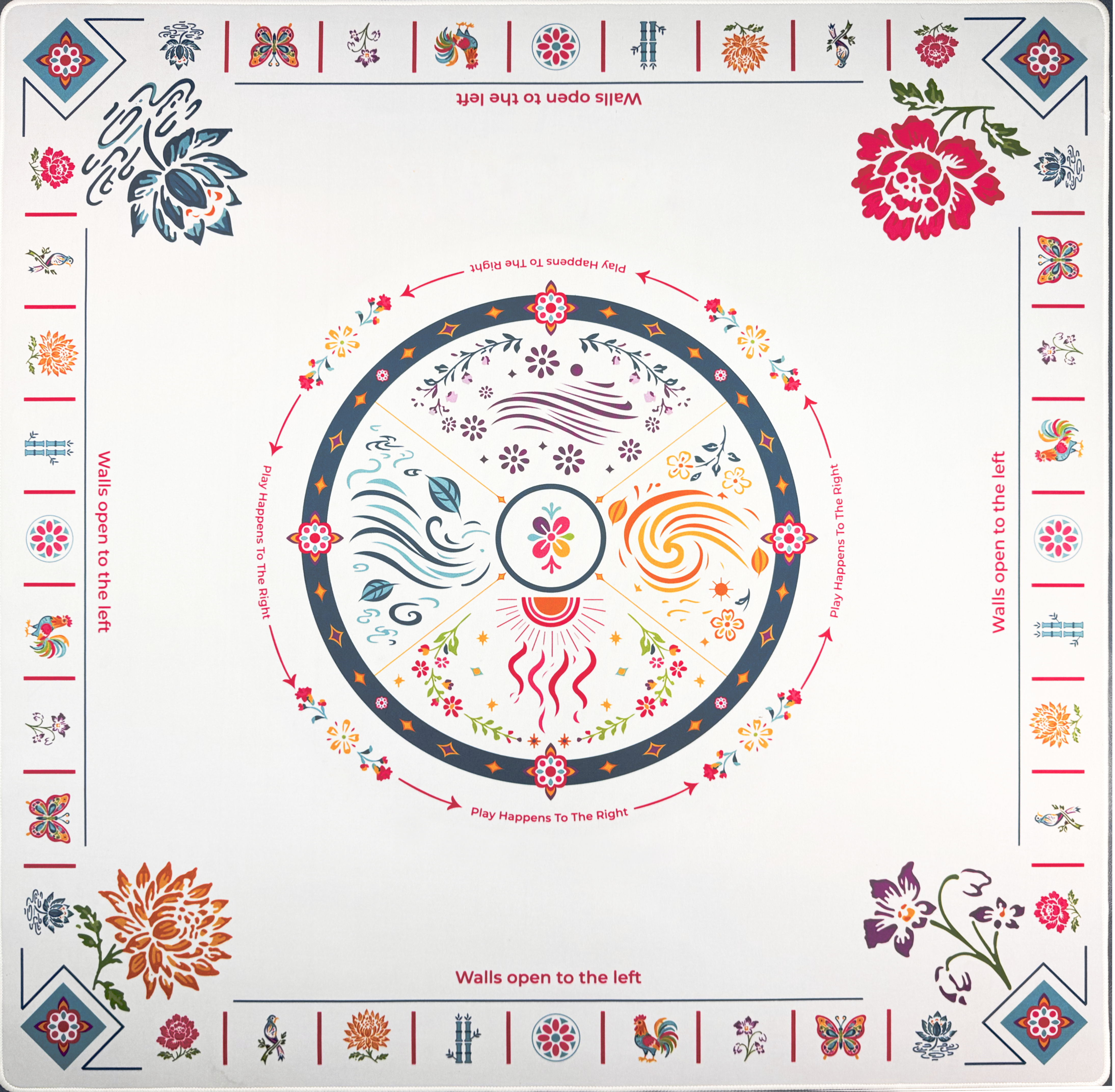 Full Mahj-Onn Signature Mahjong mat showing its illustrated directional artwork and floral border