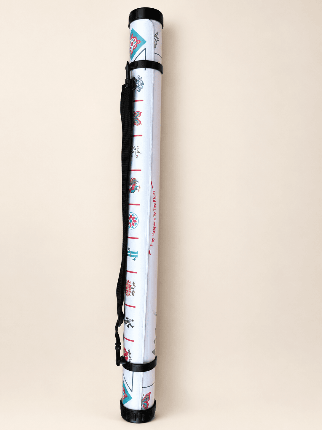 Mahj-Onn Signature Mat rolled inside its plastic storage tube with shoulder strap